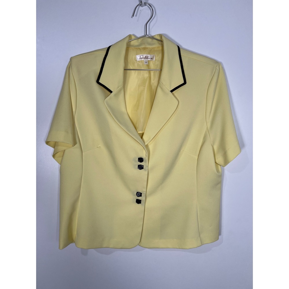 90s Style Preppy Pastel Yellow Short Sleeve Blazer Jacket Officewear Size 18